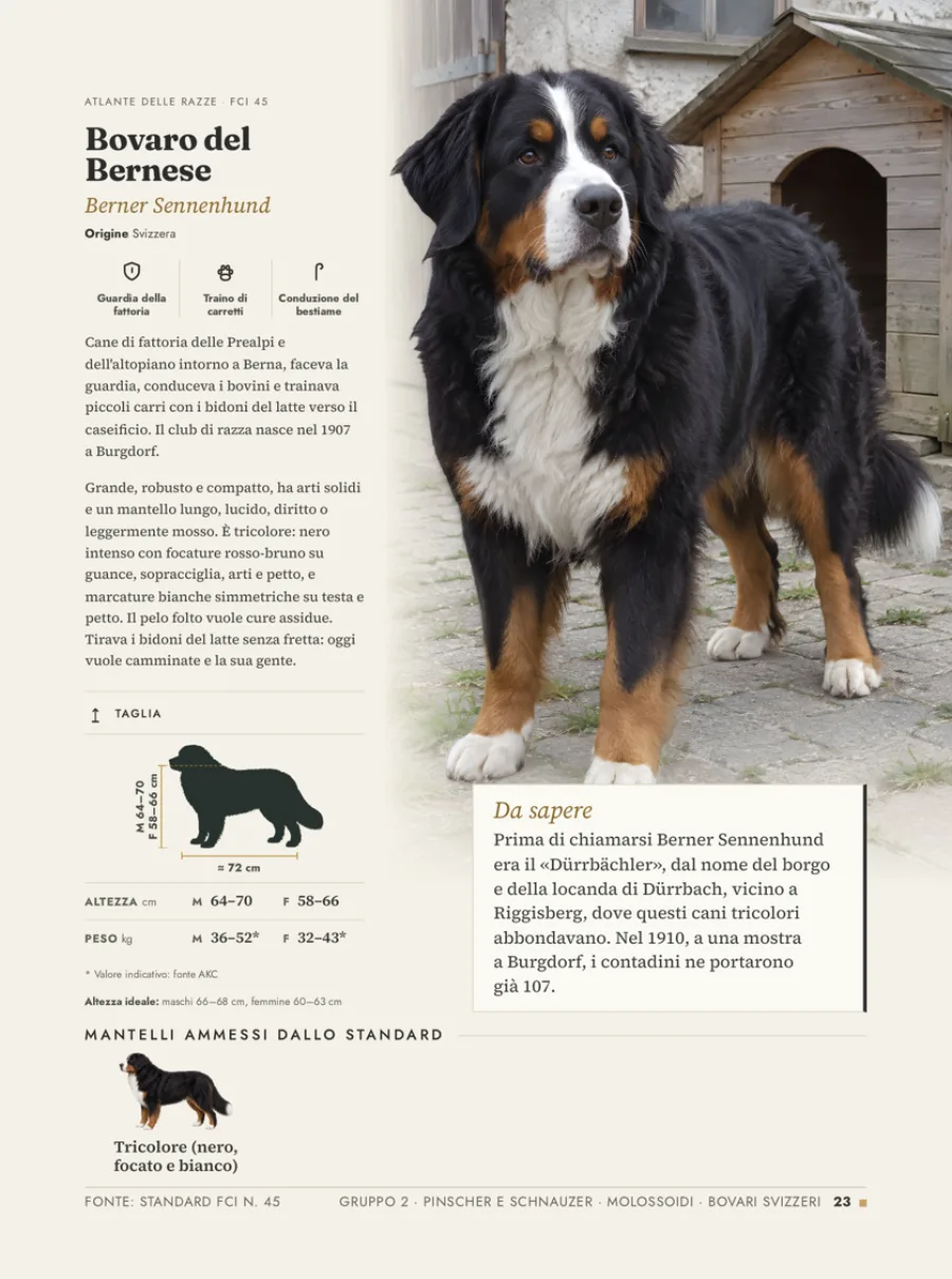 Pagina 23: la scheda del Bovaro del Bernese con foto, taglia, mantelli e riquadro Da sapere